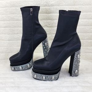 Shadow Black Ankle Boots Rhinestone & Skull Stud Platform Chunky Heels